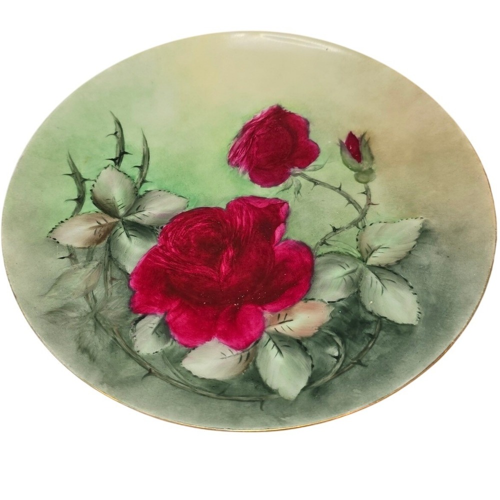 9" Haviland Limoges France Hand-Painted Display Plate Gold Rimmed Rose Red Green